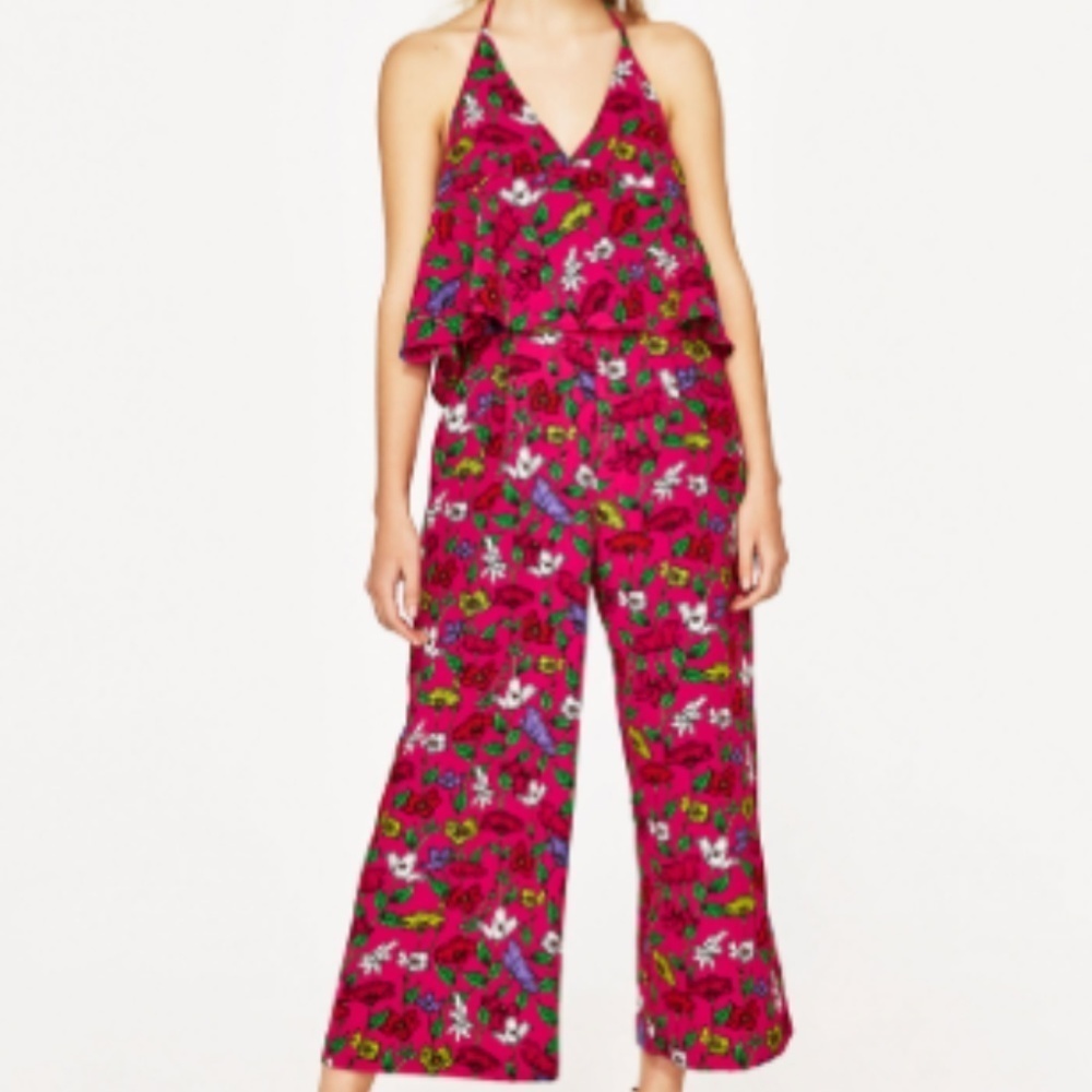 ZARA // hot pink floral halter open back jumpsuit - Picture 6 of 8